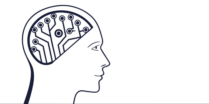 Human head outline with simple organic circuit board pattern representing neural networks thought process technological brain function neural network thinking technology