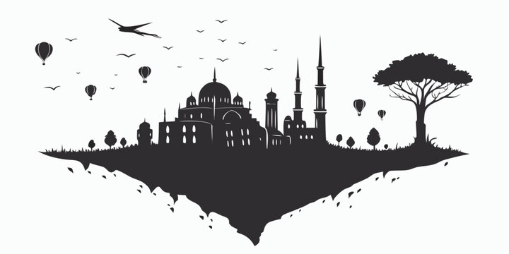 Floating fantasy city silhouette with mosque-like architecture minarets trees hot air balloons birds on an island concept graphic black white middle eastern silhouette minarets