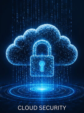 Cloud Security Concept with Digital Lock and Data Protection Network Visualization