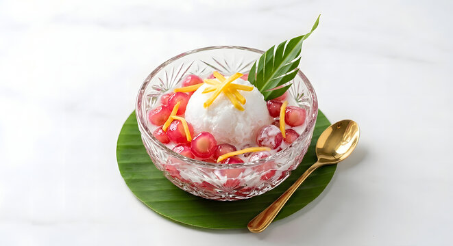 Traditional Thai dessert Tub Tim Krob, red ruby-like water chestnuts in sweet coconut milk with jackfruit and shaved ice.