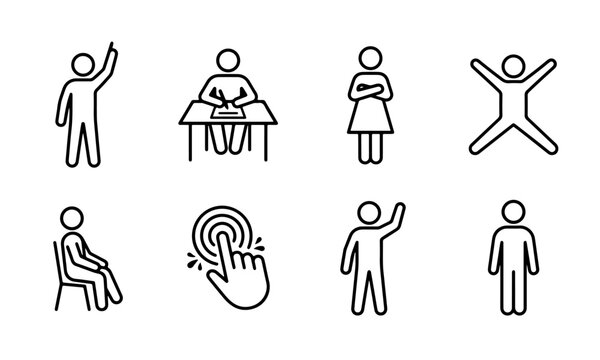 Minimalist black outline vector icon set featuring diverse stick figure poses for education, behavioral guidance, classroom management, and human action concept illustrations.