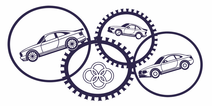 Conceptual line art graphic representing the automotive industry with cars inside interlocking gear and cog rings on a white background automotive industry engineering isolated