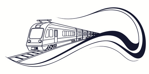 Modern high speed train locomotive on railway tracks line art vector illustration with dynamic speed lines for transport and travel concept locomotive transport commuter © AE