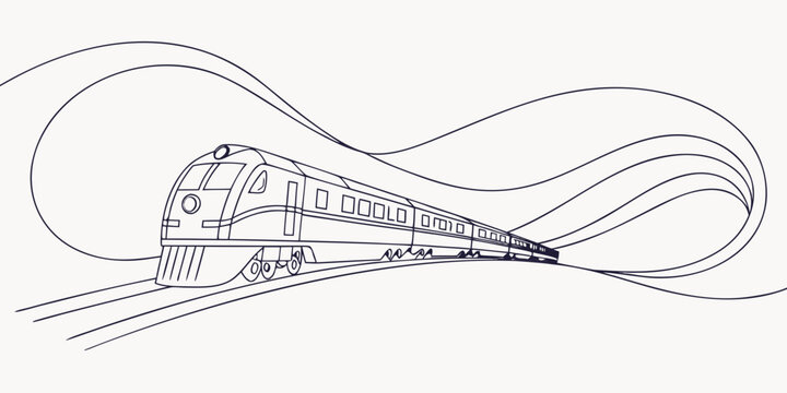 Line art drawing of a passenger train engine and carriages on tracks with stylized large abstract swirl background transport locomotive railroad passenger movement abstract