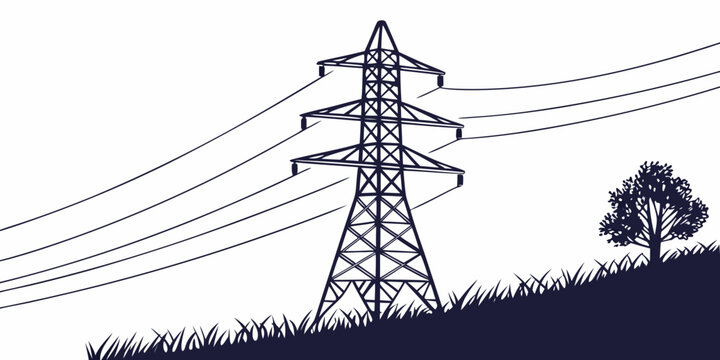 Illustration of a power transmission pylon tower with electric cables on a grassy hillside featuring a single tree electricity transmission infrastructure industrial landscape