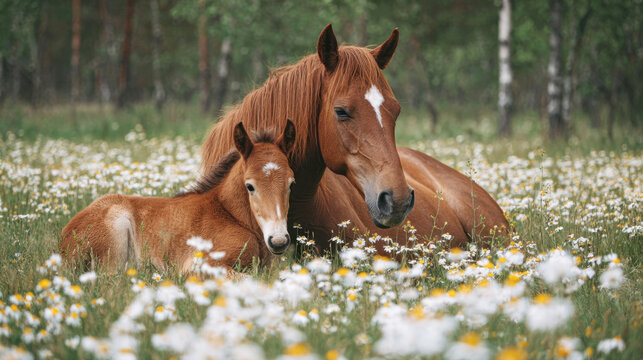 Beautiful brown chestnut mare and her small foal resting peacefully in a blooming summer chamomile field, mother horse with baby lying together in green grass with white flowers, rural landscape.