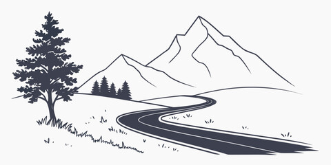 Minimalist mountain landscape illustration with winding road and pine tree silhouette mountain landscape minimalist silhouette adventure monochrome wilderness exploration © AE
