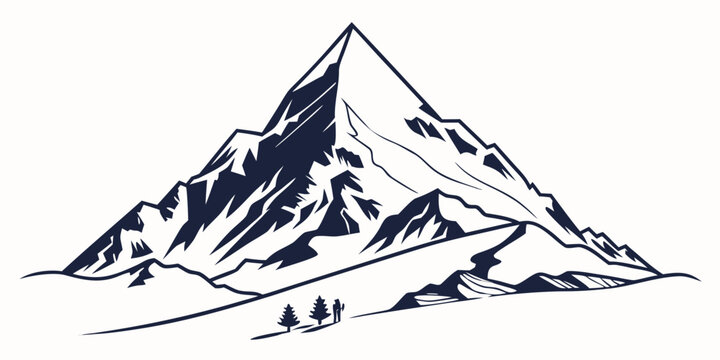 Detailed silhouette illustration of a high mountain peak with a small hiker and pine trees at the base mountain silhouette landscape outdoors adventure climbing trekking