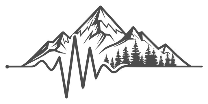 Mountain range silhouette with heartbeat ekg pulse line and pine forest detail black and white outdoor adventure graphic design mountain heartbeat silhouette adventure