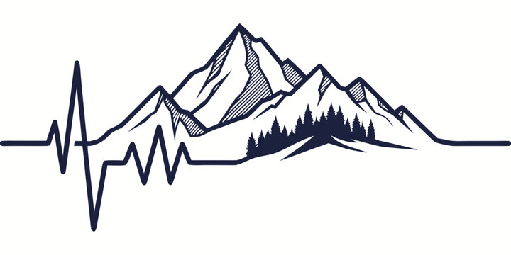 Mountain peak silhouette with heartbeat pulse line and evergreen forest decorative ekg graphic for outdoor enthusiasts and hikers mountain heartbeat silhouette evergreen