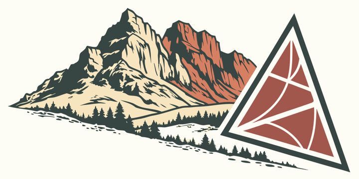 Outdoor adventure mountain landscape illustration with forest of pine trees and stylized geometric emblem mountain landscape adventure triangle geometric wilderness national