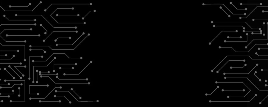 Abstract representation of circuit board and network connections on a dark background, symbolizing technology and data flow