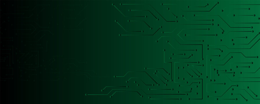 abstract technological background of a glowing green circuit board with network connections and digital data flow