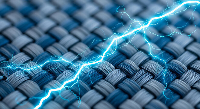 Closeup macro of blue woven carbon fiber fabric texture with bright electric lightning bolt spark representing high energy conductivity and advanced technology
