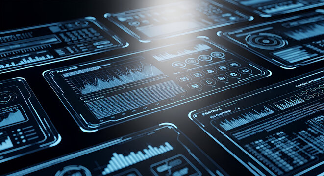 A futuristic control room displays various screens and graphs showing data analytics.