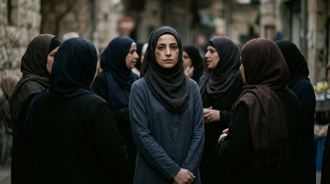 Serious woman in headscarf with facial bruise surrounded by group, social issue concept of isolation, conflict and resilience