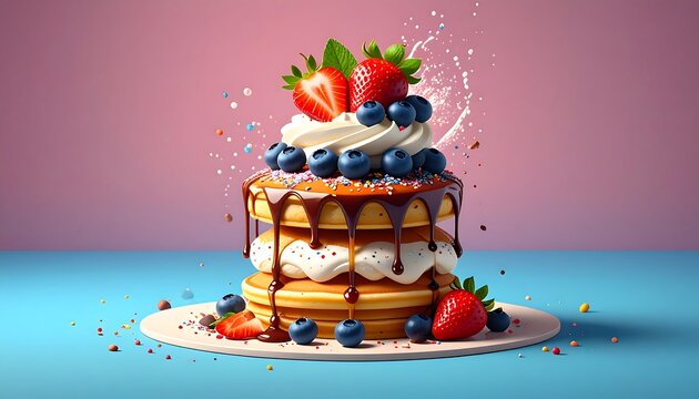 Stack of fluffy pancakes with cream, berries, and chocolate drizzle, displayed on a plate against a blue surface and pink backdrop