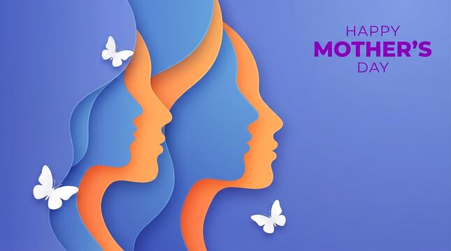 Paper cutout women profiles with butterflies for happy mother's day celebration