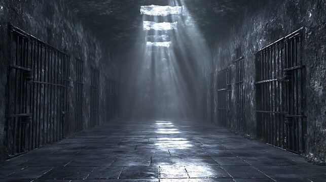 Prison Cell with Bars  Light Dramatic Perspective of Confinement and Hope.