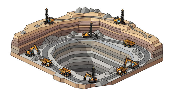 Open pit mining site with heavy earthmoving equipment.