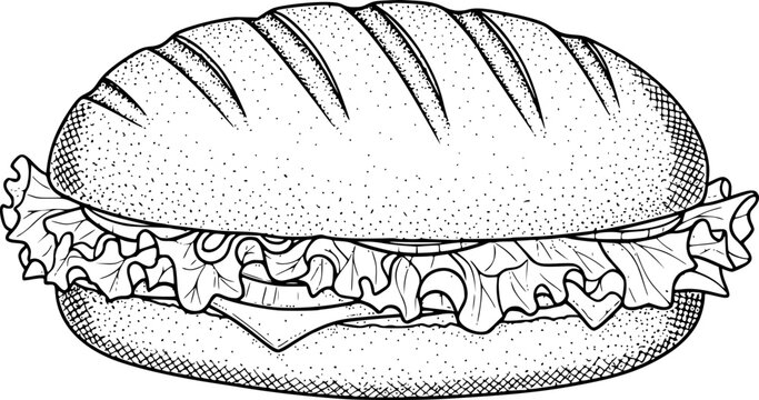 Hand-drawn black and white of a layered sub sandwich with lettuce and cheese food