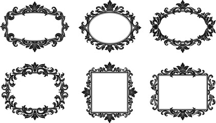 Obraz premium Vintage ornate decorative frame collection, elegant black floral border design, baroque style vector illustration, antique graphic artwork for invitations, certificates