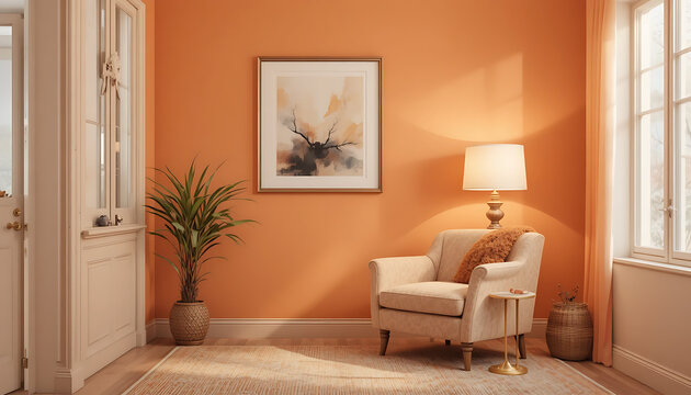 Cozy living room corner with beige armchair, side table, and lamp, orange wall with framed and potted plant