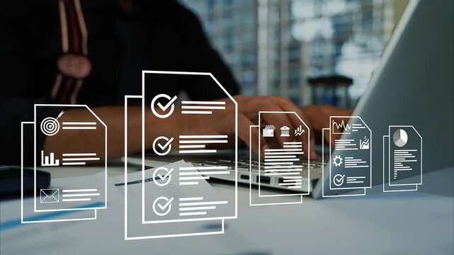 Hologram data notes animation with a person laptop using, Online digital  business document hologram