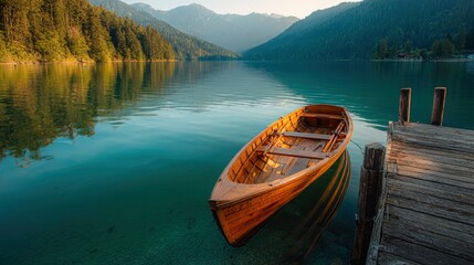 Obraz premium Wooden rowing boat floating on a calm alpine lake near a rustic pier in golden hour light for travel and outdoor recreation marketing