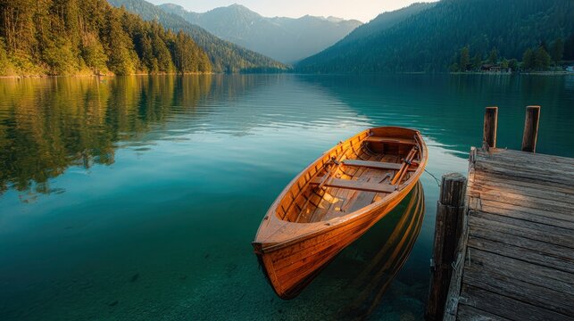 Wooden rowing boat floating on a calm alpine lake near a rustic pier in golden hour light for travel and outdoor recreation marketing