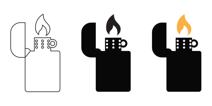 Gasoline Pocket Lighter Icon Set Vector Flame Spark Ignition Symbol Vintage Refillable Fire Starter Illustration 
Outline and Silhouette Style
