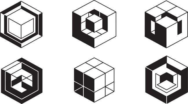 Abstract Geometric Isometric Cube Icon Set - Modern Black and White 3D Structural Graphic Elements
