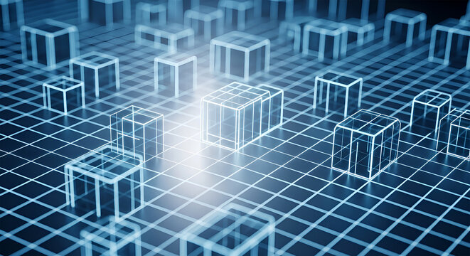 Abstract digital grid with illuminated cubes representing data or network connections, perfect for technology and science themes