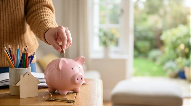 A pink piggy bank sitting on top of a wooden table.