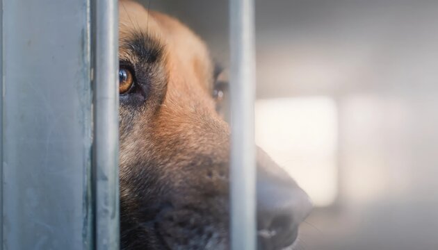 Close-up of a sad dog looking through the metal bars of a cage at an animal shelter, highlighting the need for pet adoption and animal rescue.