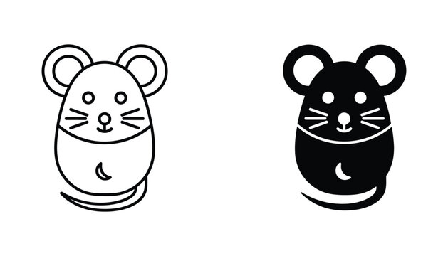 Cute cartoon mouse face icon set with simple line art and solid black silhouette versions for children book illustrations or educational materials