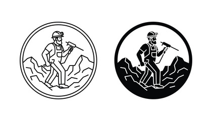 Professional miner worker carrying handheld drill with mountain landscape inside circle frame for industrial construction logo design vector © Anchor