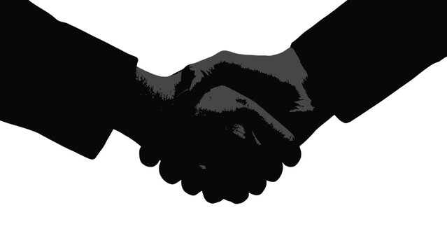 A symbolic black and white image depicting a firm handshake between two people