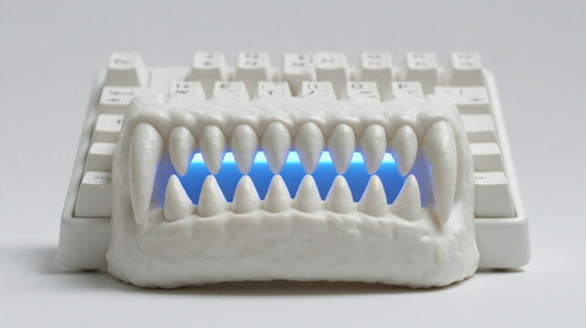 Symmetrical blue-lit jaw inside a pristine white keyboard in clean studio light