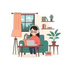 Fototapeta premium Woman using laptop and phone in a cozy home office setting