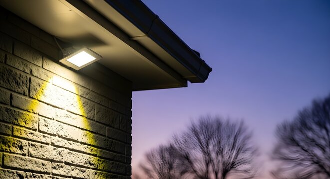 Outdoor security floodlight mounted on brick wall at dusk, bright LED motion sensor light illuminating house exterior, residential home safety lighting against twilight sky