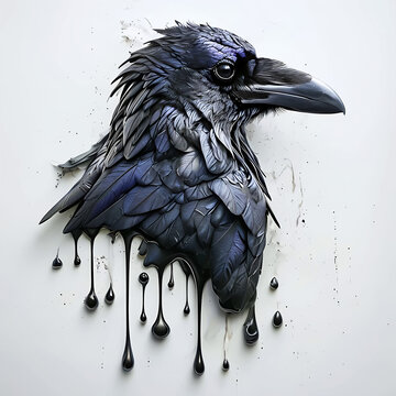 immagine di un corvo che si scioglie lentamente in grandi gocce di inchiostro nero, image of a crow slowly melting into large drops of black ink