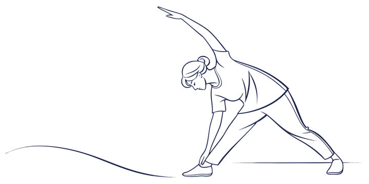 Line art of a woman performing a triangle pose in yoga with utthita trikonasana silhouette exercise wellness flexibility strength meditation mindfulness activity