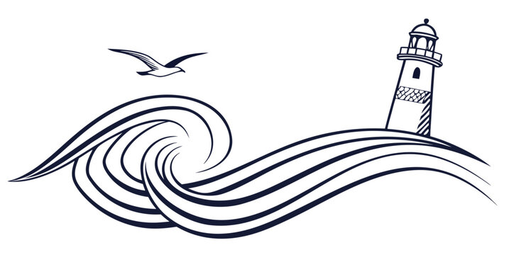 Lighthouse on a wave crest with a soaring seagull representing navigation and maritime journey line art lighthouse navigation guidance maritime nautical adventure