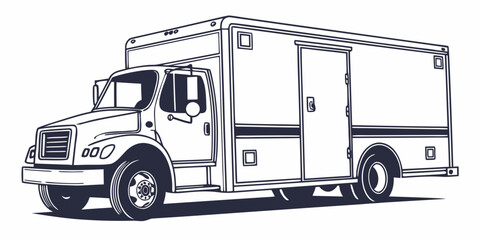 Ambulance truck front side view stylized graphic illustration with first aid line art black and white background ambulance emergency transport hospital © Bf