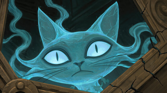 Vivid teal djinn cat with glowing tendril whiskers in Gothic chiaroscuro art