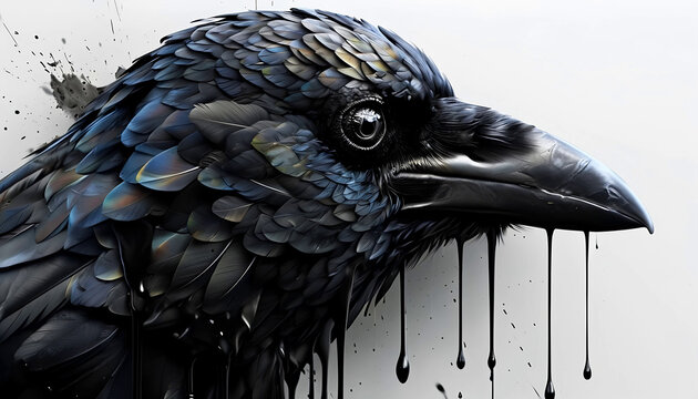 immagine di un corvo che si scioglie lentamente in grandi gocce di inchiostro nero, image of a crow slowly melting into large drops of black ink