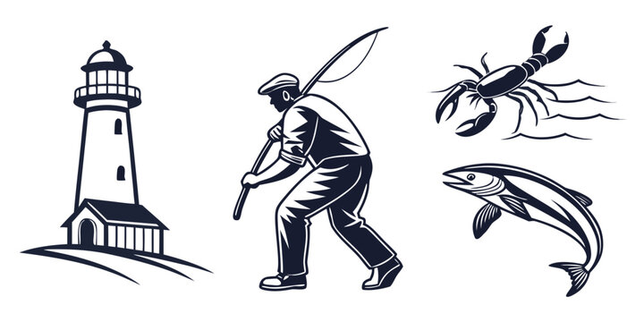 Fishing and coastal icons: lighthouse fisherman with rod lobster jumping fish marine life fisherman shoreline lighthouse navigation wildlife illustration maritime