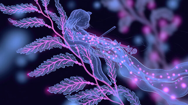 Bioluminescent cat entity entwined with glowing violet seaweed in dark ocean
