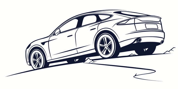 Modern crossover suv car line art icon driving uphill on rough terrain rear three quarter view vector illustration off road white background all wheel drive isolated